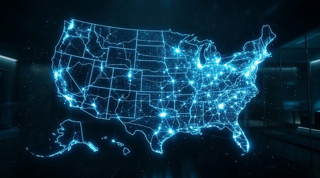 Glowing digital map of the United States showing network connectivity and infrastructure.