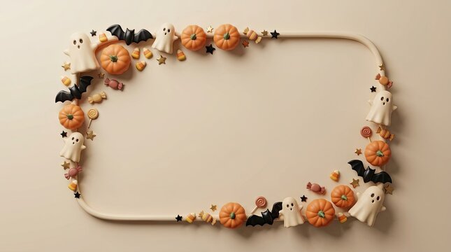 Cute halloween border frame with cartoon bears bats and ghosts for holiday designs