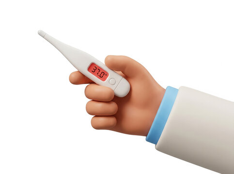 3D 렌더링 스타일의 의사 손이 37.0도가 표시된 디지털 체온계를 들고 있는 모습으로, 흰색 가운을 입은 의료 전문가의 손과 건강 검진 및 질병 예방을 상징하는 깔끔하고 현대적인 그래픽 디자인 요소입니다.