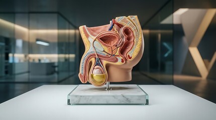 Anatomical model of the male reproductive system displayed on a stand in a laboratory.