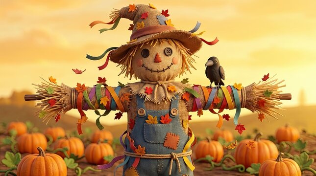Friendly scarecrow standing in a pumpkin patch during a sunny autumn day