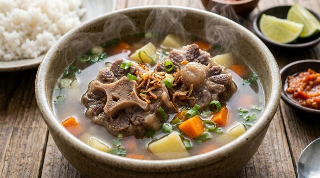 Indonesian oxtail soup in bowl on wooden table.