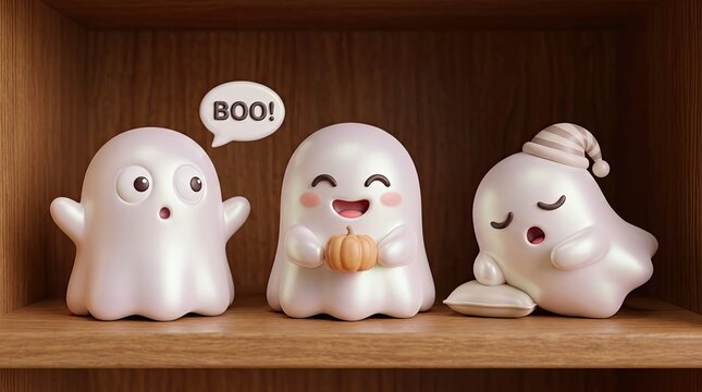 Three cute little ghosts having fun and sleeping on a wooden shelf for halloween