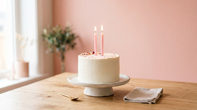 Minimalist white birthday cake with lit candles on a wooden table perfect for elegant romantic anniversary celebrations and festive party layouts