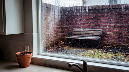 Obraz premium View through rain streaked window from kitchen counter with terracotta plant pot looking out at empty wooden bench in brick courtyard. Rainy weather outside backyard garden on autumn day
