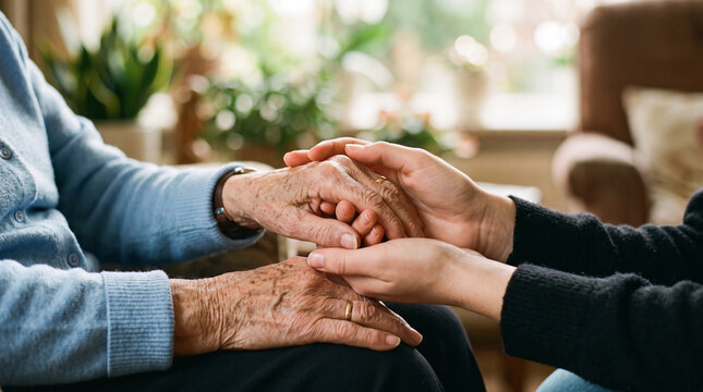 Closeup of a young person holding the wrinkled hands of an elderly person, showing comfort, support, care, and intergenerational connection