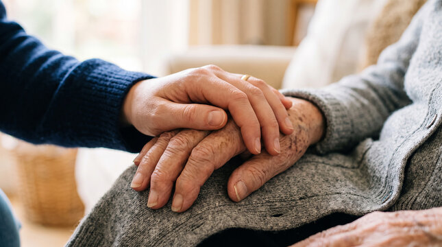 Close up of a young person holding the hand of an elderly person, showing care, support, and intergenerational connection