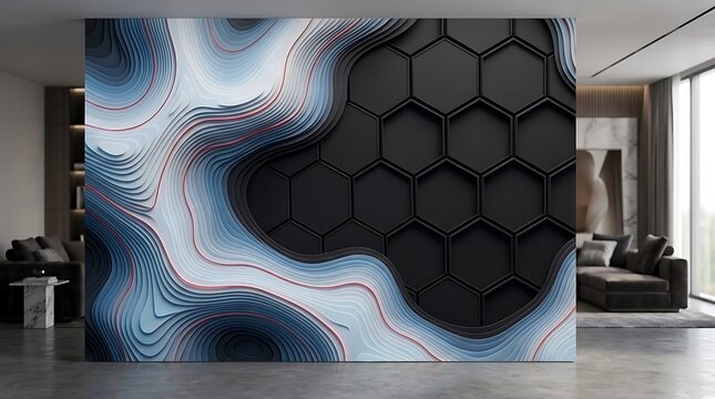 Modern room featuring 3d topographical and honeycomb mural design