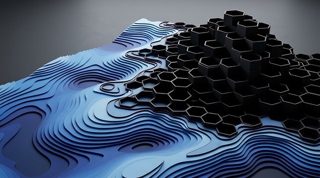 Abstract 3d topographic landscape with blue waves and black hexagons
