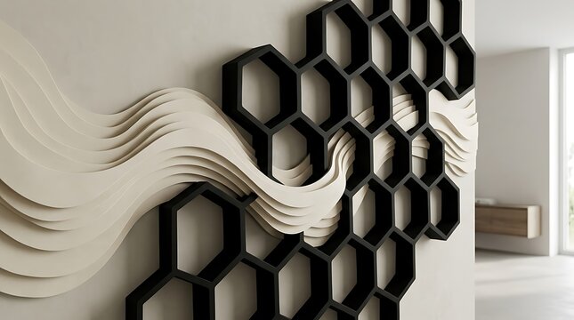 Modern black honeycomb wall art with flowing white wave layers