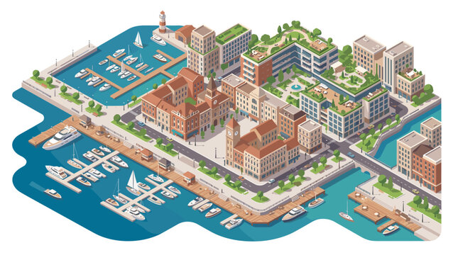 isometric illustration of a vibrant coastal marina with luxurious boats and modern urban waterfront residential complex and lush