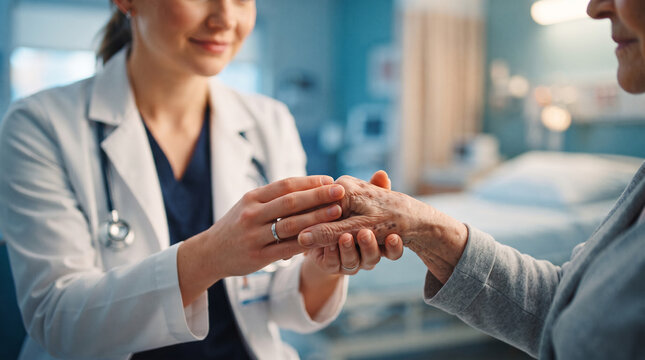 Compassionate female doctor holding the hand of an elderly patient in a hospital room, providing comfort, support, and professional medical care