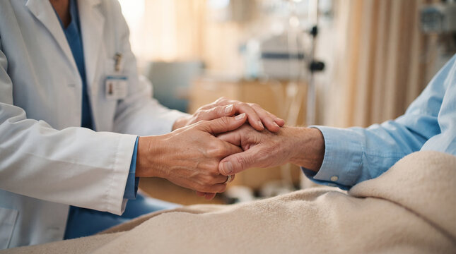 Compassionate doctor holding the hand of an elderly patient in a hospital bed, providing comfort and support during a medical consultation