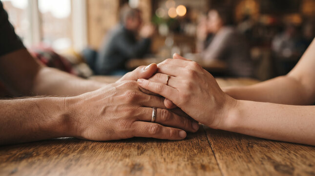 Close up of a couple holding hands on a wooden table in a restaurant, showing their wedding rings as a symbol of love and commitment