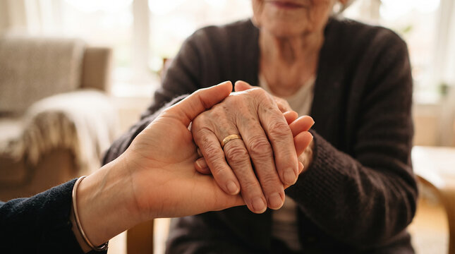 A closeup of a younger person holding the wrinkled hand of an elderly person, symbolizing care, support, compassion, and intergenerational connection