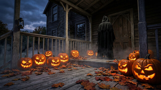 Halloween porch scene with glowing jack-o-lantern pumpkins and a mysterious hooded figure at night