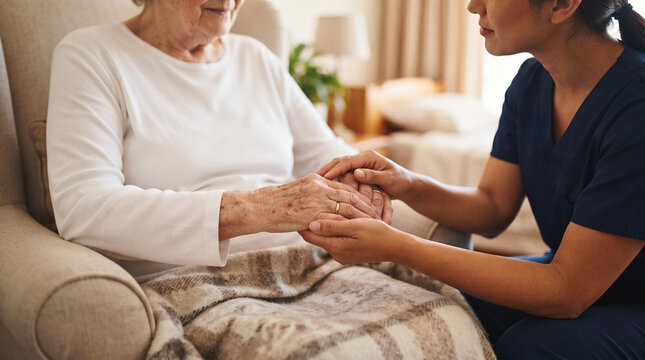 Compassionate caregiver holding the hands of an elderly woman sitting in a comfortable armchair at home, providing comfort and support