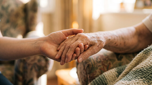 Closeup of a young person holding the wrinkled hand of an elderly person, showing comfort, care, support, and a compassionate human connection