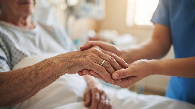 A compassionate nurse holding the hand of an elderly patient in a hospital bed, providing comfort and support during their recovery