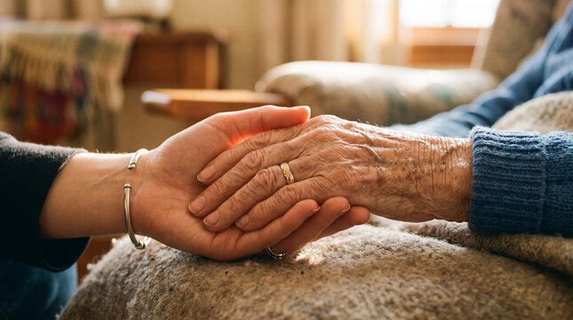 A closeup of a young person holding the wrinkled hand of an elderly person, symbolizing care, support, compassion, and intergenerational connection
