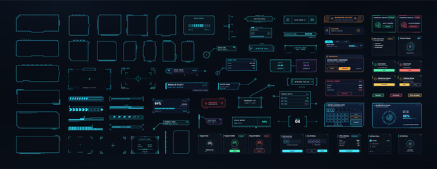 Futuristic HUD interface kit with sci-fi frames, alert panels, progress bars, target brackets, biometric scan and access code screens on dark background for game and app UI design. Vector graphic set © 24 std