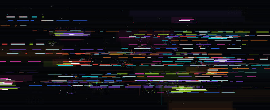 Abstract colorful glitch digital background with vibrant neon stripes, data compression lines, computer error static, and cyber distortion patterns on black background. Vector graphic.