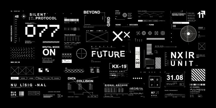 Futuristic cyberpunk hud interface elements with sci-fi typography, abstract charts, digital tech widgets, code data, and military grid layouts on dark background. Vector hud.