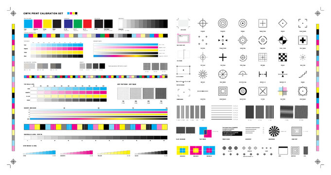 CMYK print calibration template with registration marks, color bars, gradient ramps, dot gain patterns, crosshairs, and quality control elements for offset printing. Vector graphic set.