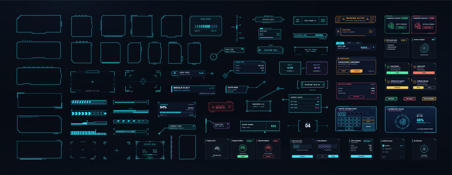 Futuristic HUD interface kit with sci-fi frames, alert panels, progress bars, target brackets, biometric scan and access code screens on dark background for game and app UI design. Vector graphic set