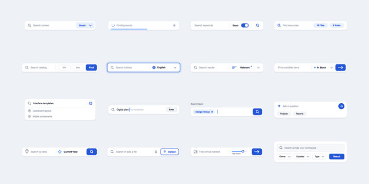 Search bar UI kit with input fields, filters, dropdowns, tags and magnifier buttons in blue and white for website, web app and mobile interface design projects. Vector graphic set, vector UI, UX