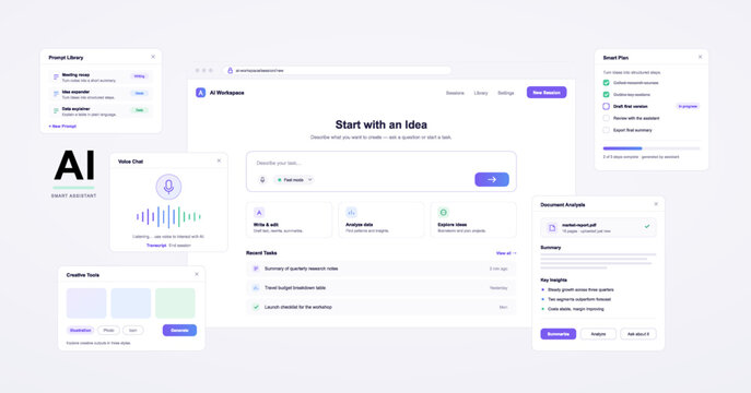 AI assistant workspace interface with prompt input, voice chat, task list, document analysis and smart plan panels on light background for chatbot app design. Vector dashboard with UI, UX, vector set
