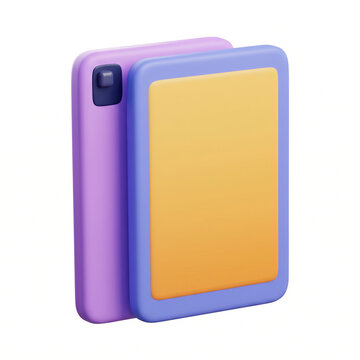 3D Rendered Illustration of Cute Tablet Computer with Front Screen Display and Rear Camera Lens in Pastel Purple, Blue, and Yellow for App UI Design