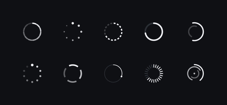 Round loading spinner set with dotted, dashed and gradient preloader circles in white and grey on dark background for web and app interface design. Vector graphic set, vector UI
