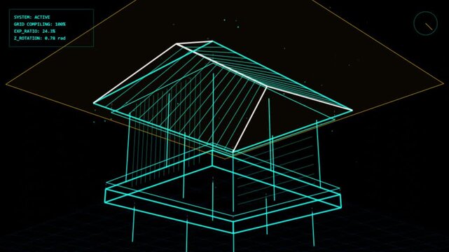 3d wireframe model of a multilevel building structure with grid compilation data display