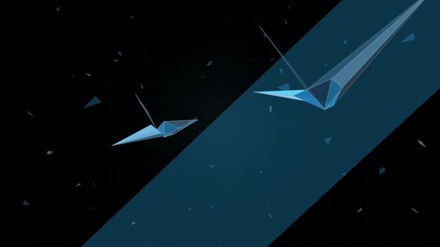 Abstract geometric shapes with fragmented blue planes and intersecting lines in dark space