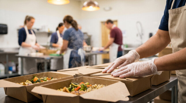 Volunteers packing healthy meals into cardboard containers in a commercial kitchen for community food distribution