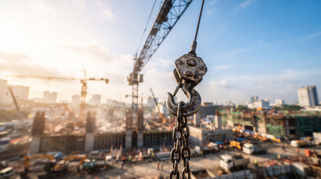 Closeup of a heavyduty crane hook and chains suspended over a busy urban construction site during a bright, sunny day