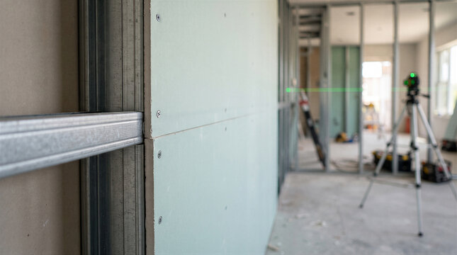 Construction site interior with metal stud framing and drywall installation using a laser level for precision alignment