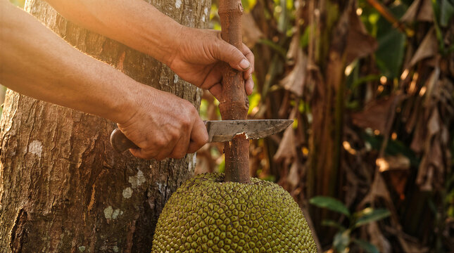 Farmer harvesting a fresh jackfruit from a tree in the garden