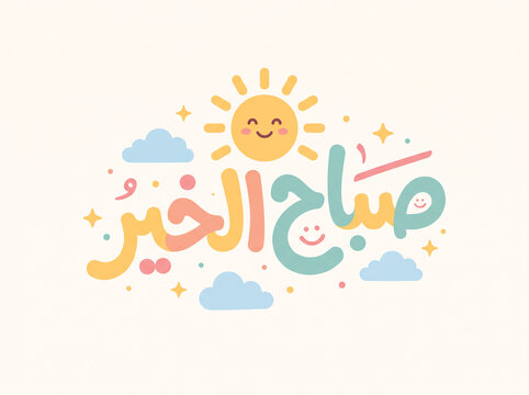 sabah al khair, arabic, calligraphy, typography, good morning, morning, greeting, vector, illustration, cute, pastel, sun, smiling sun, star, cloud, happy, children, kids, islam, islamic, muslim, quot