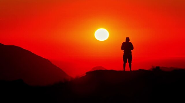 A lone hiker stands in silhouette on a ridge at Col d'Aubisque against a deep red mountain sunset.