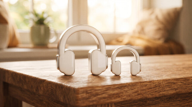 Two white headphones of different sizes placed side by side on a rustic wooden table in a cozy sunlit room