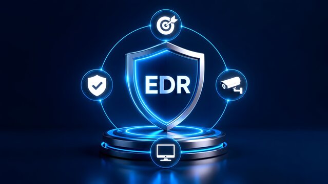 Endpoint Detection and Response EDR Shield Concept on Glowing Blue Pedestal with Security Icons for Cybersecurity Technology