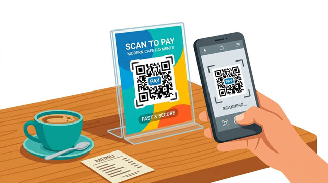 Hand scanning QR code on a cafe table with smartphone for mobile payment transaction vector illustration