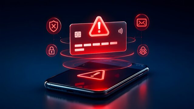 Futuristic smartphone projecting a glowing red credit card hologram with warning icons illustrating mobile payment hack and compromised data