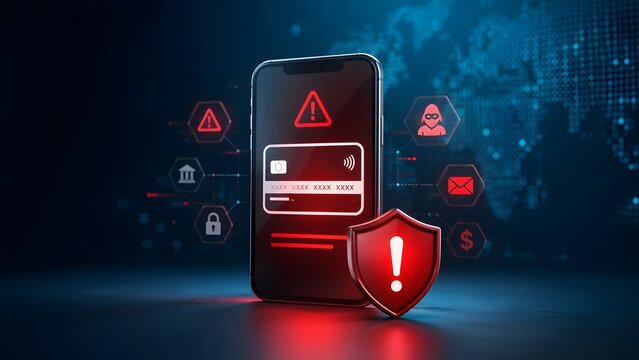 Mobile Banking Fraud Alert Concept with Smartphone Showing Glowing Red Hologram of Credit Card Hacker and Cybersecurity Threats