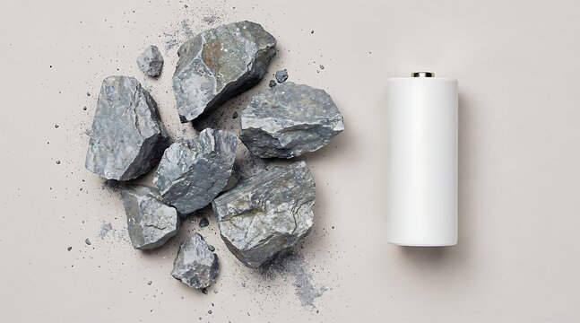 Raw mineral ore rocks next to a blank white battery representing battery manufacturing materials.
