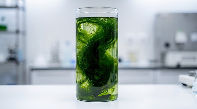 Green microalgae culture swirling inside a glass container in a biotechnology laboratory.