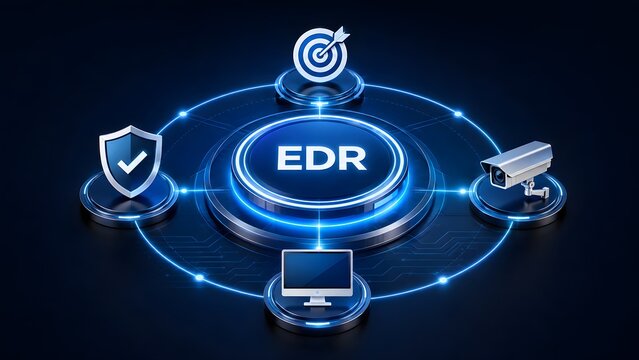 Endpoint Detection and Response EDR Concept with Glowing Blue Holographic Button and Security Icons on Futuristic Pedestal