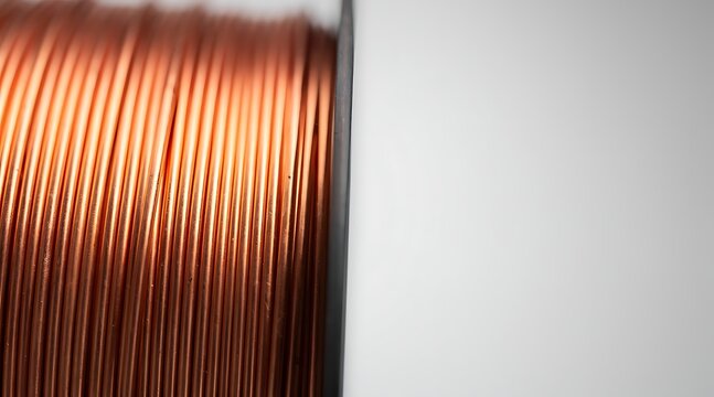 Close-up of copper wire wound on a spool against a white background.